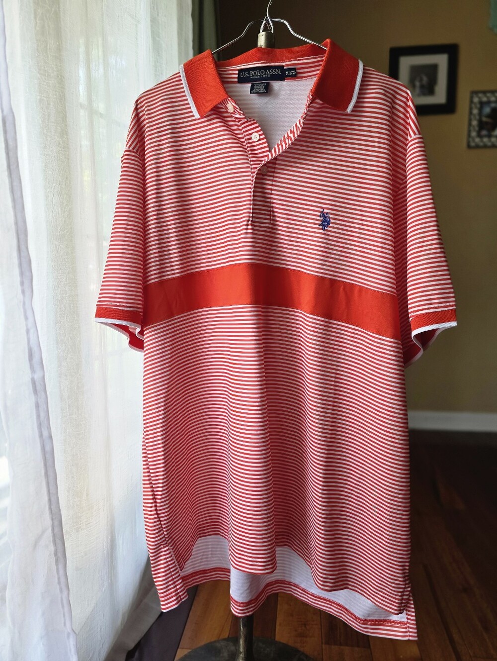 US Polo Assn Mens 2XL Orange White Striped Short Sleeve Polo Shirt Stretch EUCb